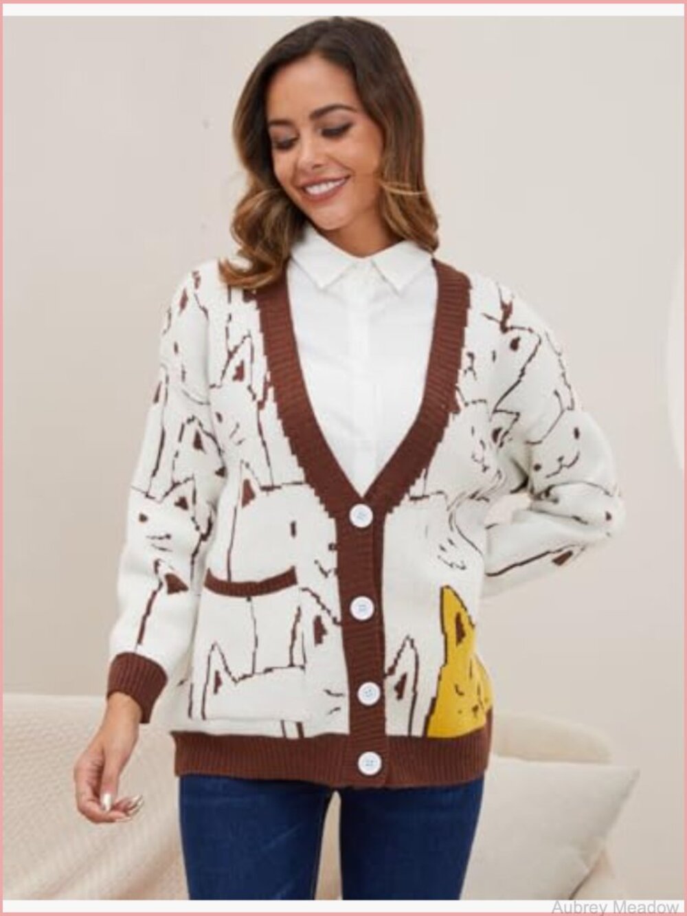 Oversized Kawaii Cat Cardigan Sweater Button Down V-Neck Lightweight Knit - Picture 5 of 7